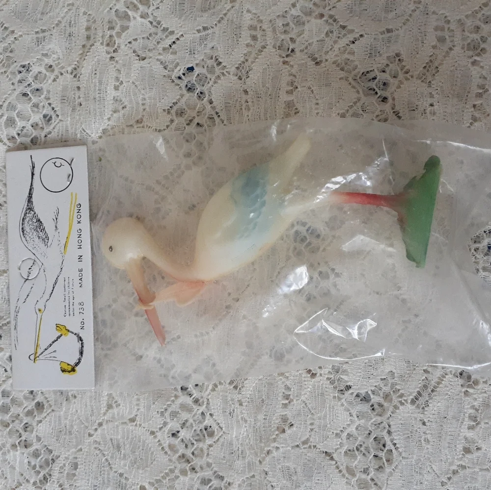 Vintage Hard Plastic Stork Cake Topper Craft Supply or Decoration Hong Kong Made